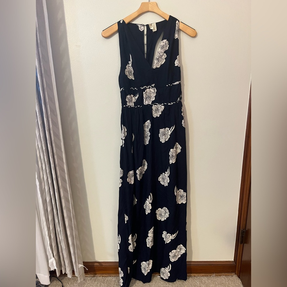 Japna Navy Maxi Dress with White Floral Design